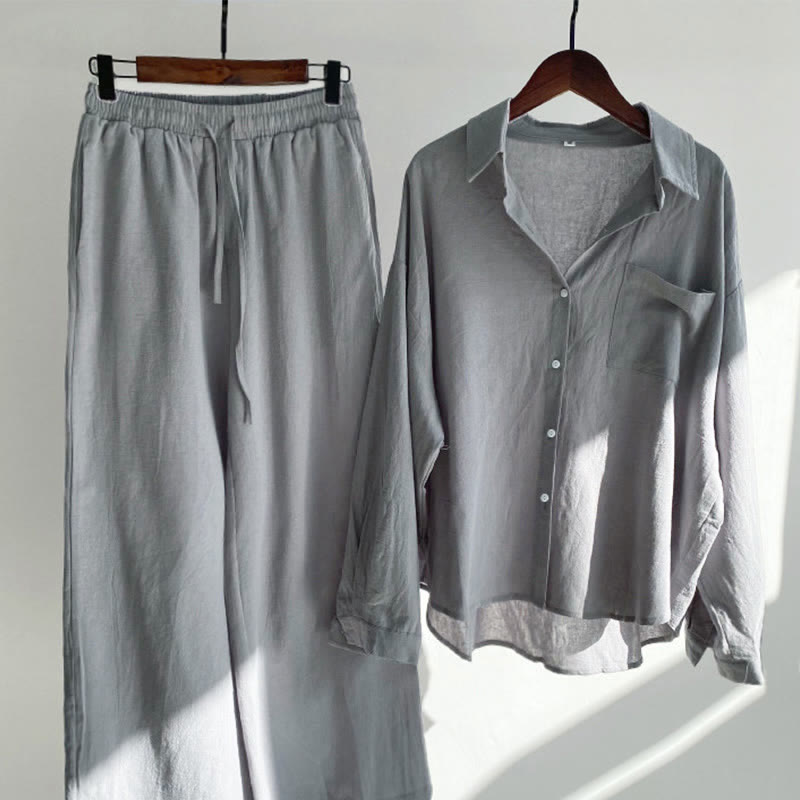 Conjunto de 2 piezas de camisa de manga larga con bolsillos y pantalones con cordón para meditación, de algodón y lino, con Buddha Stones , para mujer - Gris - US20，UK/AU24，EU52 (5XL) - image 48