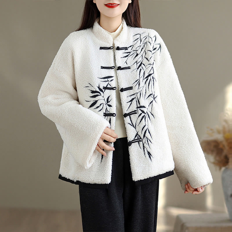 Chaqueta de algodón grueso de manga larga bordada con Buddha Stones para mujer con bolsillos - Blanco - US16，UK/AU20，EU48 (3XL) - image 0