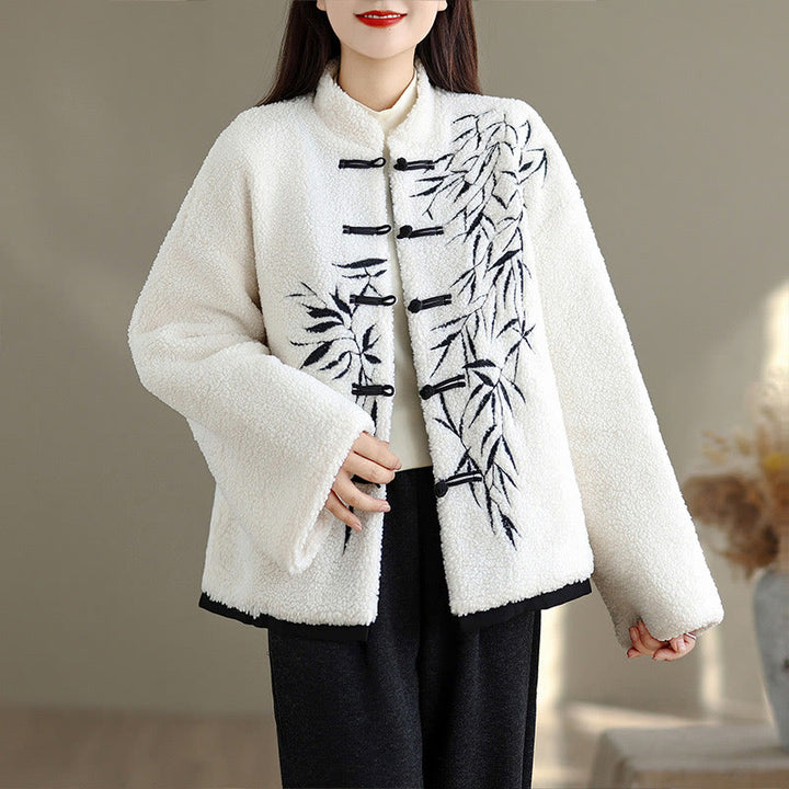 Chaqueta de algodón grueso de manga larga bordada con Buddha Stones para mujer con bolsillos - Blanco - US16，UK/AU20，EU48 (3XL) - image 0