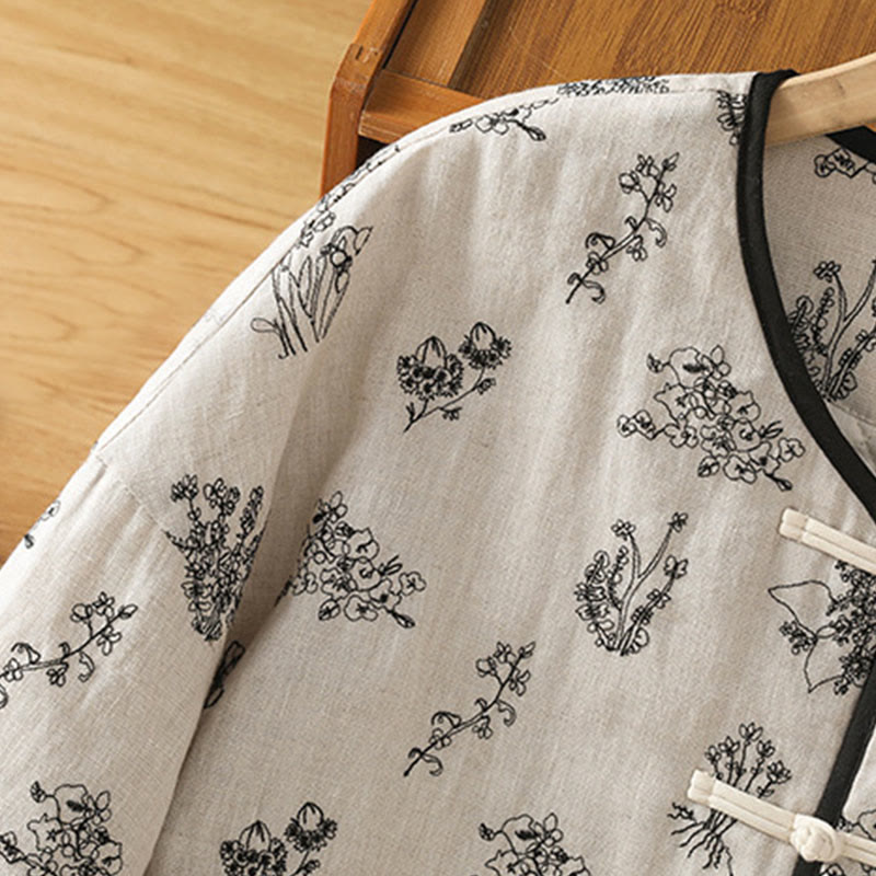 Chaqueta acolchada de algodón de manga larga con botones de rana bordados para mujer de Buddha Stones y bolsillos - image 7