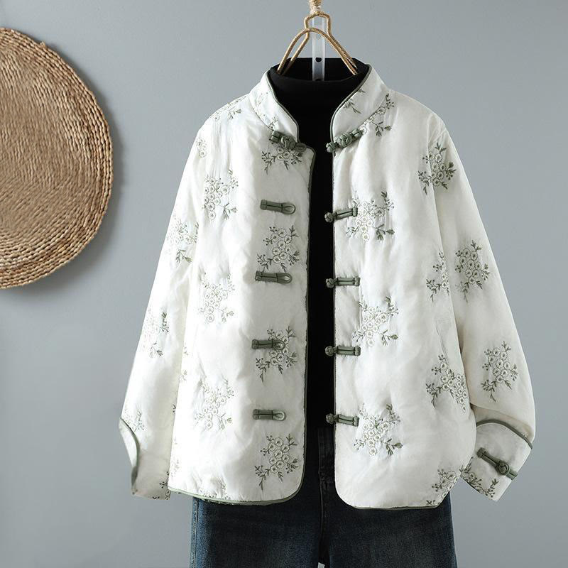 Chaqueta gruesa de algodón de manga larga con botones de rana y bordado de Buddha Stones para mujer, con bolsillos - Blanco - US14，UK/AU18，EU46 (2XL) - image 1