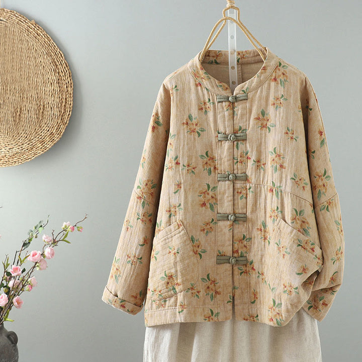 Chaqueta de poliéster de manga larga con botones de rana y bolsillos para mujer con estampado floral de Buddha Stones - Mocasín - US14，UK/AU18，EU46 (2XL) - image 0