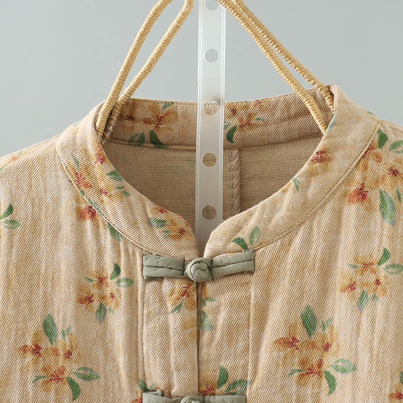 Chaqueta de poliéster de manga larga con botones de rana y bolsillos para mujer con estampado floral de Buddha Stones - image 1