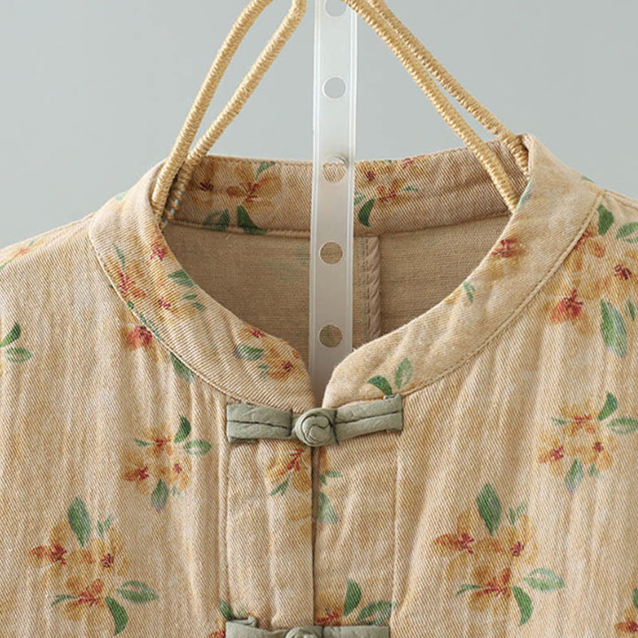 Chaqueta de poliéster de manga larga con botones de rana y bolsillos para mujer con estampado floral de Buddha Stones - image 1