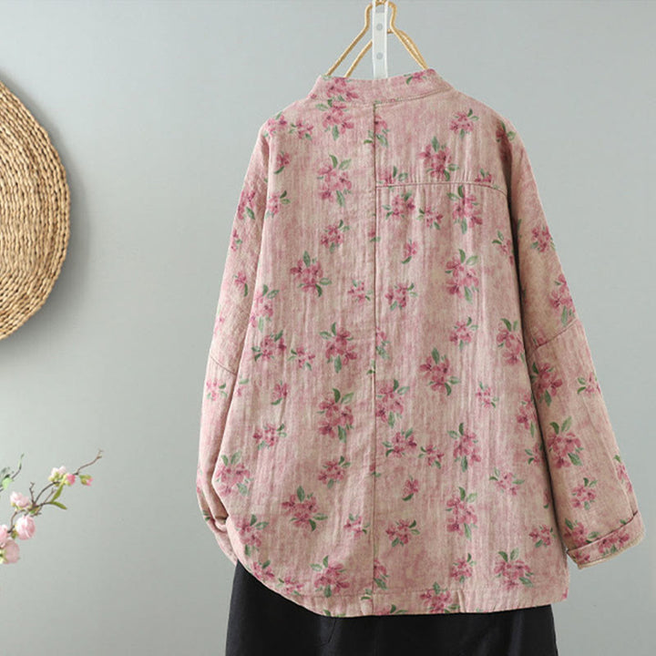 Chaqueta de poliéster de manga larga con botones de rana y bolsillos para mujer con estampado floral de Buddha Stones - image 7