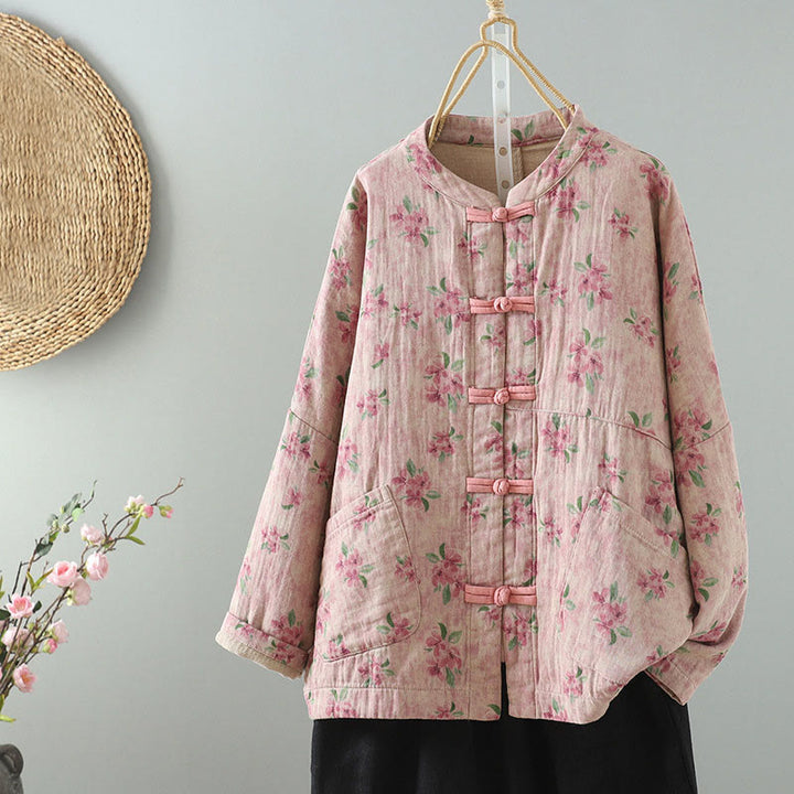 Chaqueta de poliéster de manga larga con botones de rana y bolsillos para mujer con estampado floral de Buddha Stones - Rosa - US14，UK/AU18，EU46 (2XL) - image 6