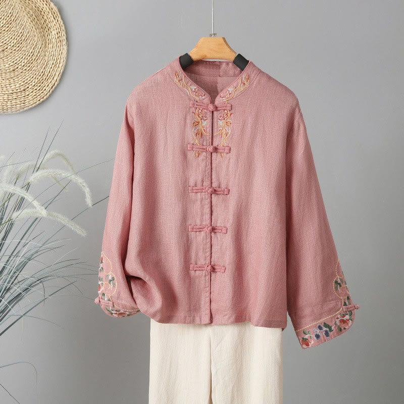 Camisa informal de algodón con cuello alto y manga larga bordada para mujer con Buddha Stones - Rosa - US14，UK/AU18，EU46 (2XL) - image 10
