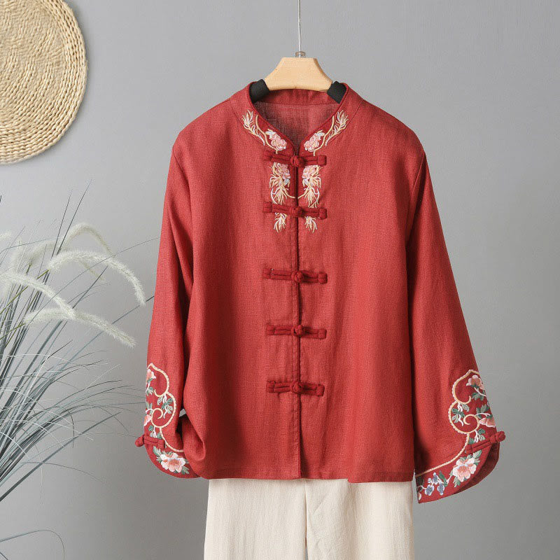 Camisa informal de algodón con cuello alto y manga larga bordada para mujer con Buddha Stones - Ladrillo refractario - US14，UK/AU18，EU46 (2XL) - image 16