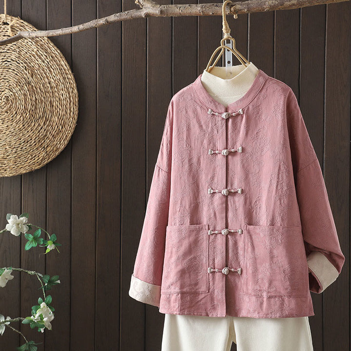 Camisa informal de algodón con cuello alto y manga larga con estampado floral de Buddha Stones para mujer - Rosa claro - US14，UK/AU18，EU46 (2XL) - image 10