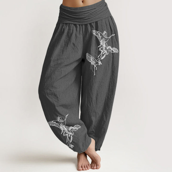 Pantalones harén de algodón con cintura elástica para mujer con estampado de grullas voladoras y Buddha Stones - Gris tenue - US22，UK/AU26，EU54 (6XL) - image 0