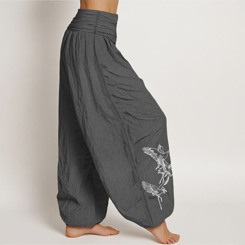 Pantalones harén de algodón con cintura elástica para mujer con estampado de grullas voladoras y Buddha Stones - image 1