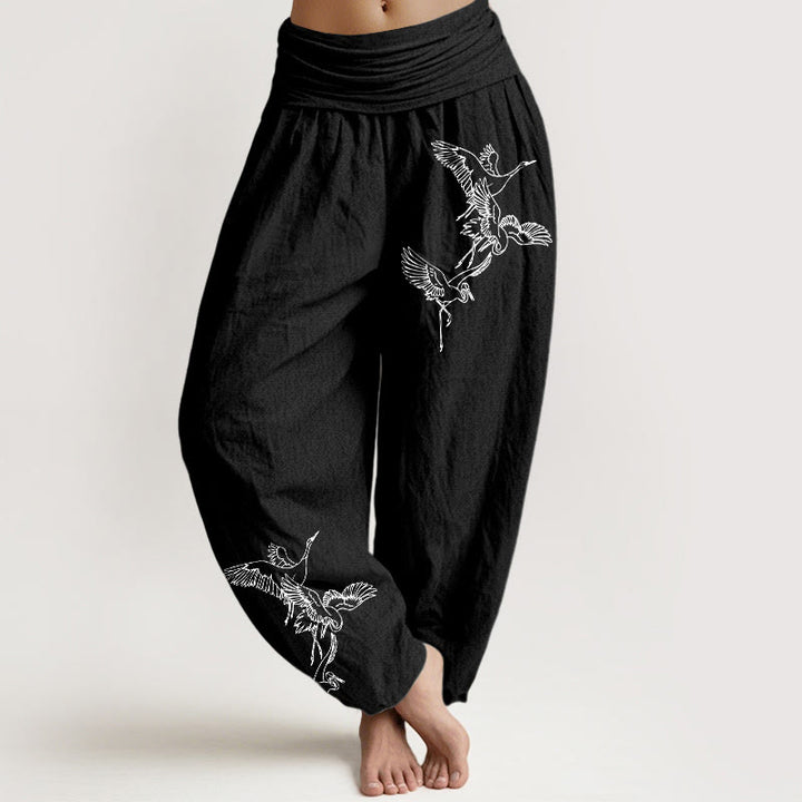 Pantalones harén de algodón con cintura elástica para mujer con estampado de grullas voladoras y Buddha Stones - Negro - US22，UK/AU26，EU54 (6XL) - image 5