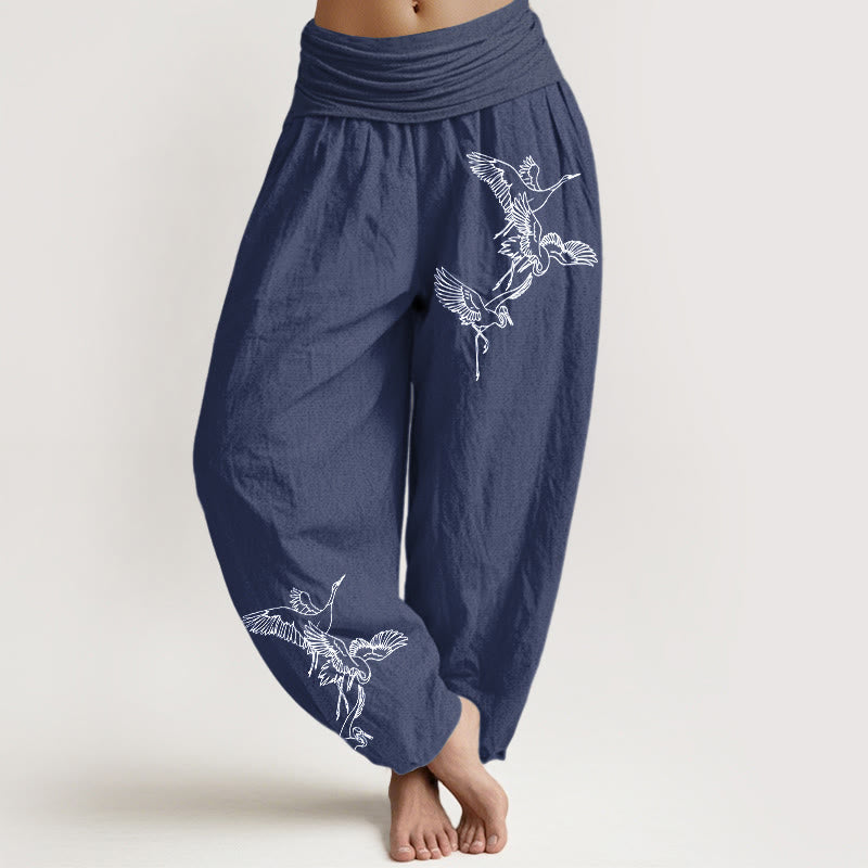 Pantalones harén de algodón con cintura elástica para mujer con estampado de grullas voladoras y Buddha Stones - Azul pizarra oscuro - US22，UK/AU26，EU54 (6XL) - image 8