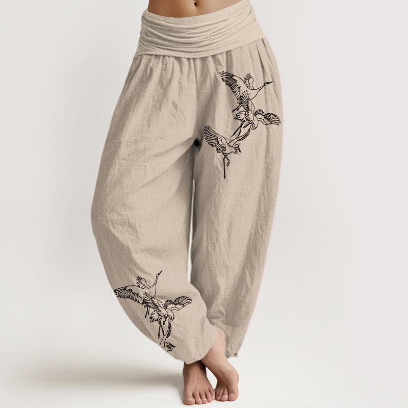 Pantalones harén de algodón con cintura elástica para mujer con estampado de grullas voladoras y Buddha Stones - Broncearse - US22，UK/AU26，EU54 (6XL) - image 11