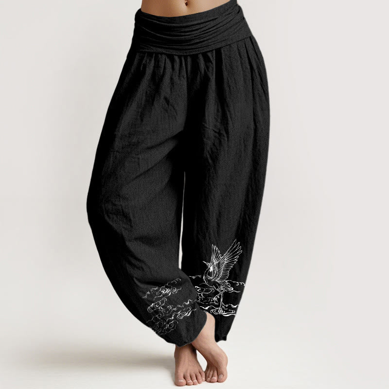 Pantalones harén de algodón con cintura elástica para mujer, con estampado de grullas y piedras de Buddha Stones y agua fluyente - Negro - US22，UK/AU26，EU54 (6XL) - image 5
