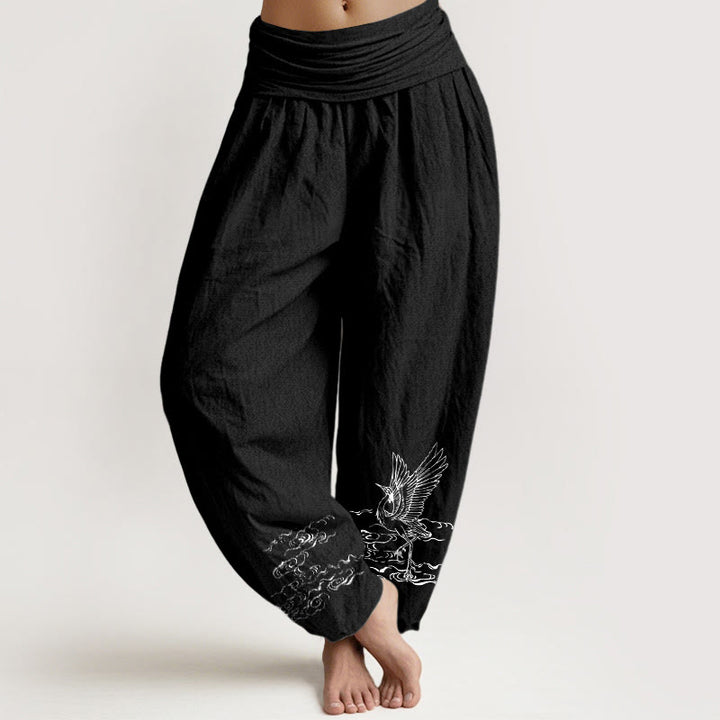Pantalones harén de algodón con cintura elástica para mujer, con estampado de grullas y piedras de Buddha Stones y agua fluyente - Negro - US22，UK/AU26，EU54 (6XL) - image 5