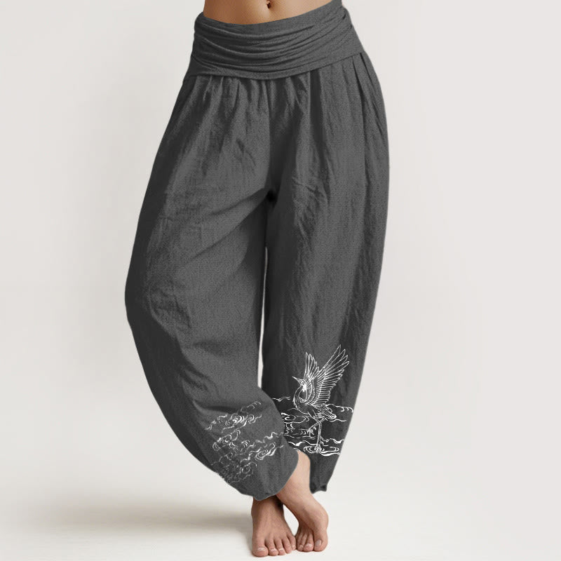 Pantalones harén de algodón con cintura elástica para mujer, con estampado de grullas y piedras de Buddha Stones y agua fluyente - Gris tenue - US22，UK/AU26，EU54 (6XL) - image 8