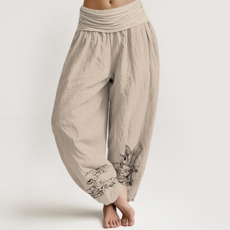 Pantalones harén de algodón con cintura elástica para mujer, con estampado de grullas y piedras de Buddha Stones y agua fluyente - Broncearse - US22，UK/AU26，EU54 (6XL) - image 11