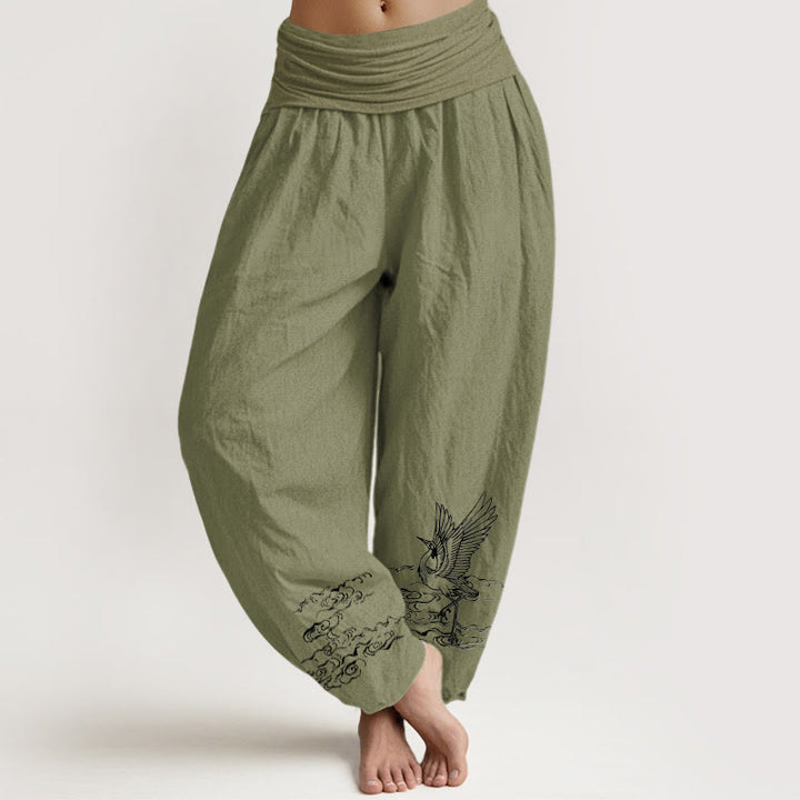 Pantalones harén de algodón con cintura elástica para mujer, con estampado de grullas y piedras de Buddha Stones y agua fluyente - Verde oliva - US22，UK/AU26，EU54 (6XL) - image 14