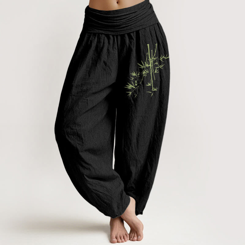 Pantalones harén de algodón con cintura elástica para mujer, con estampado de hojas y Buddha Stones - Negro - US22，UK/AU26，EU54 (6XL) - image 0