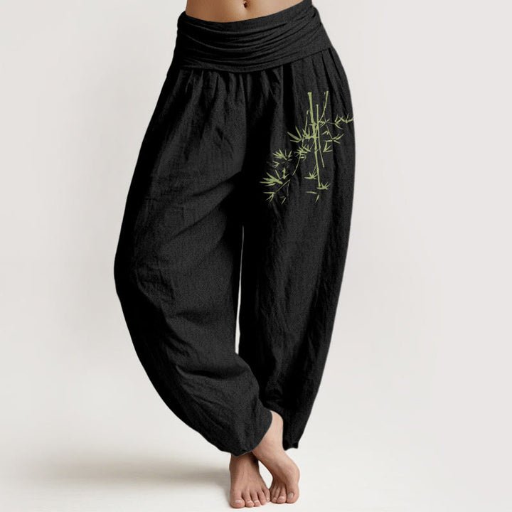 Pantalones harén de algodón con cintura elástica para mujer, con estampado de hojas y Buddha Stones - Negro - US22，UK/AU26，EU54 (6XL) - image 0