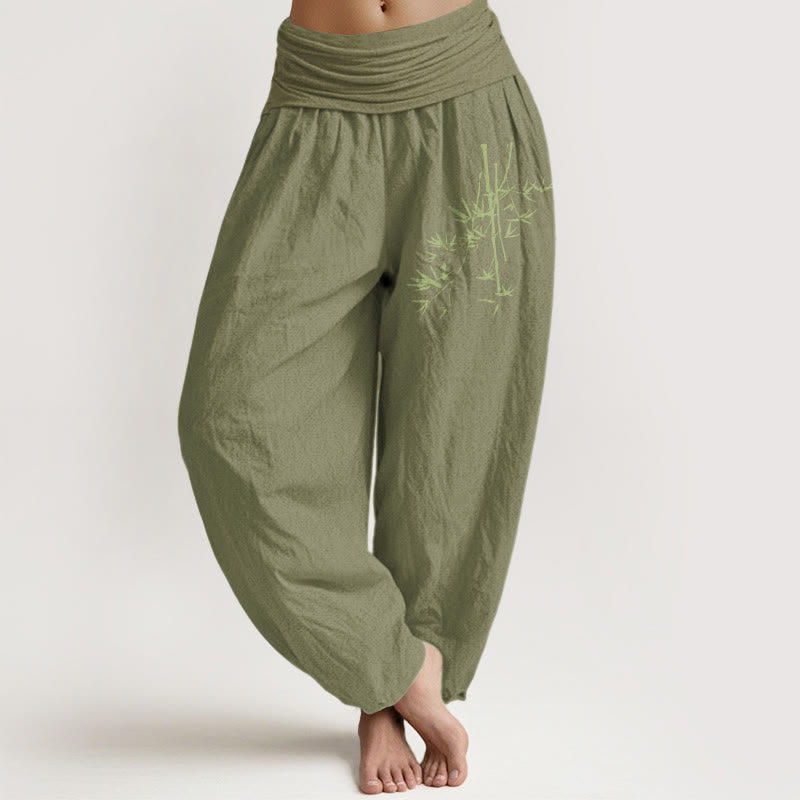 Pantalones harén de algodón con cintura elástica para mujer, con estampado de hojas y Buddha Stones - Verde oliva - US22，UK/AU26，EU54 (6XL) - image 14