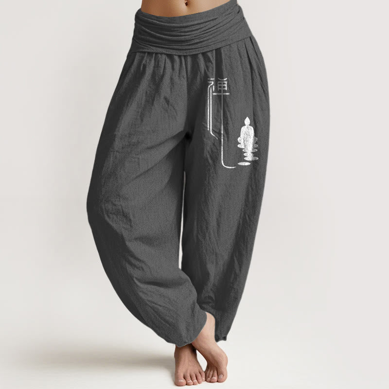 Pantalones harén de algodón con cintura elástica para mujer con estampado budista zen y Buddha Stones de Buda - Gris tenue - US22，UK/AU26，EU54 (6XL) - image 8