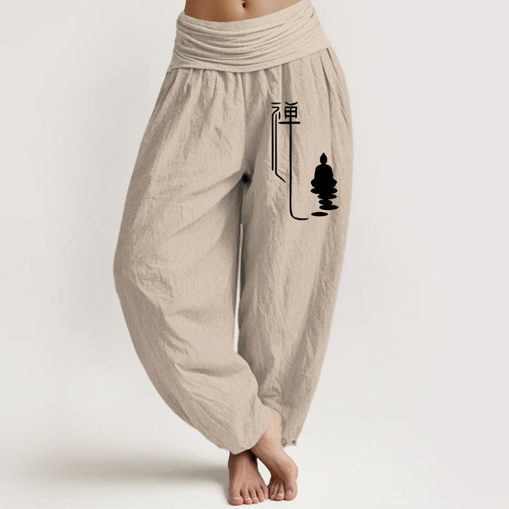 Pantalones harén de algodón con cintura elástica para mujer con estampado budista zen y Buddha Stones de Buda - Broncearse - US22，UK/AU26，EU54 (6XL) - image 11