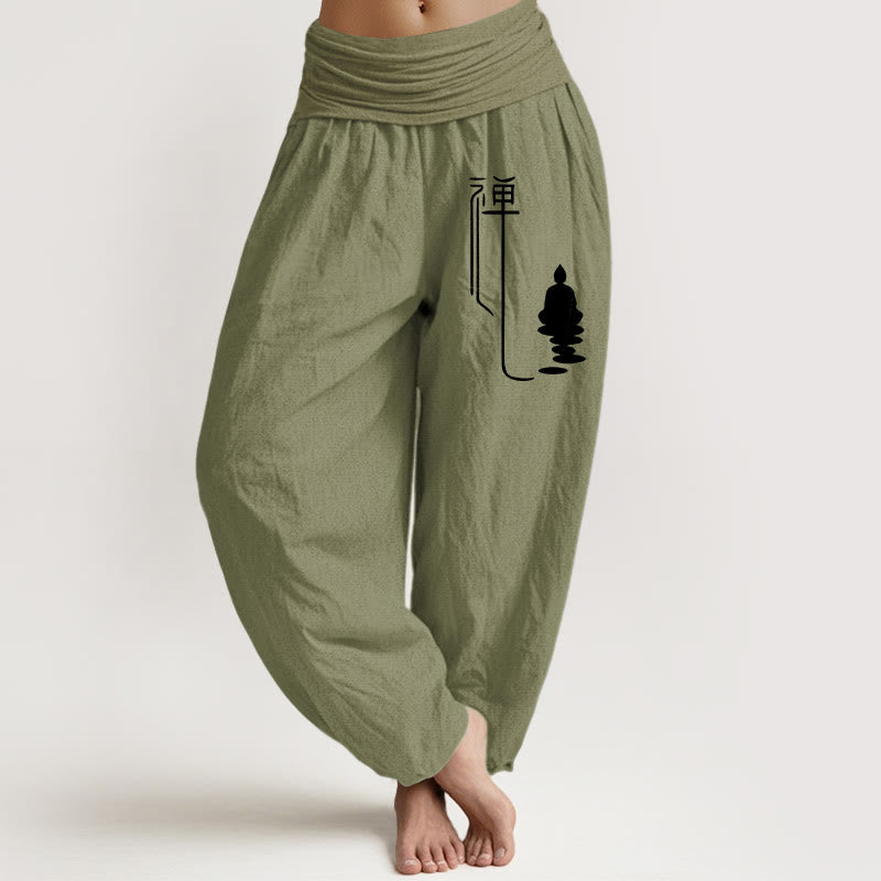 Pantalones harén de algodón con cintura elástica para mujer con estampado budista zen y Buddha Stones de Buda - Verde oliva - US22，UK/AU26，EU54 (6XL) - image 14