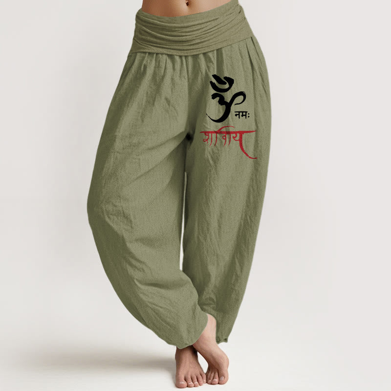 Pantalones harén de algodón con cintura elástica para mujer con estampado de Buddha Stones y hechizos Om - Verde oliva - US22，UK/AU26，EU54 (6XL) - image 0