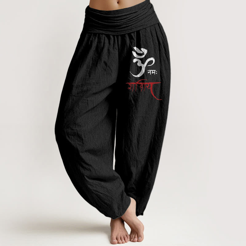 Pantalones harén de algodón con cintura elástica para mujer con estampado de Buddha Stones y hechizos Om - Negro - US22，UK/AU26，EU54 (6XL) - image 5