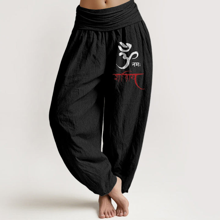 Pantalones harén de algodón con cintura elástica para mujer con estampado de Buddha Stones y hechizos Om - Negro - US22，UK/AU26，EU54 (6XL) - image 5