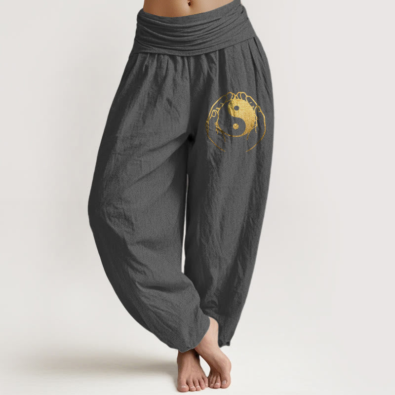 Pantalones harén de algodón con cintura elástica para mujer con diseño de mano Yin Yang y Buddha Stones - Gris oscuro - US22，UK/AU26，EU54 (6XL) - image 8