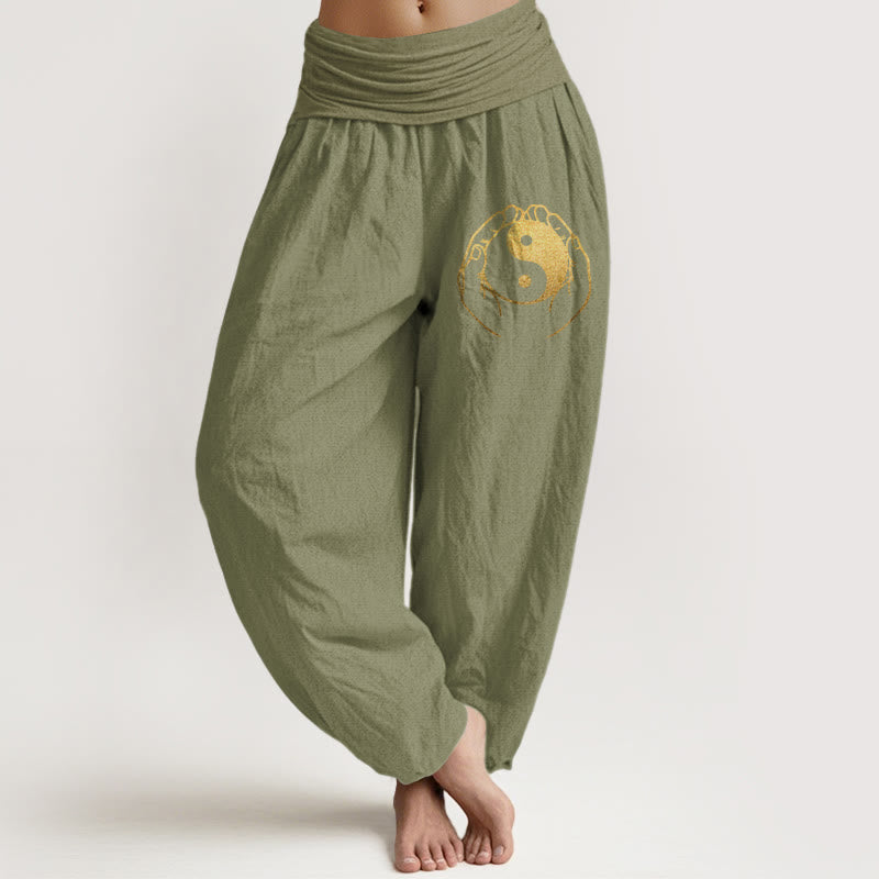 Pantalones harén de algodón con cintura elástica para mujer con diseño de mano Yin Yang y Buddha Stones - Verde oliva - US22，UK/AU26，EU54 (6XL) - image 14