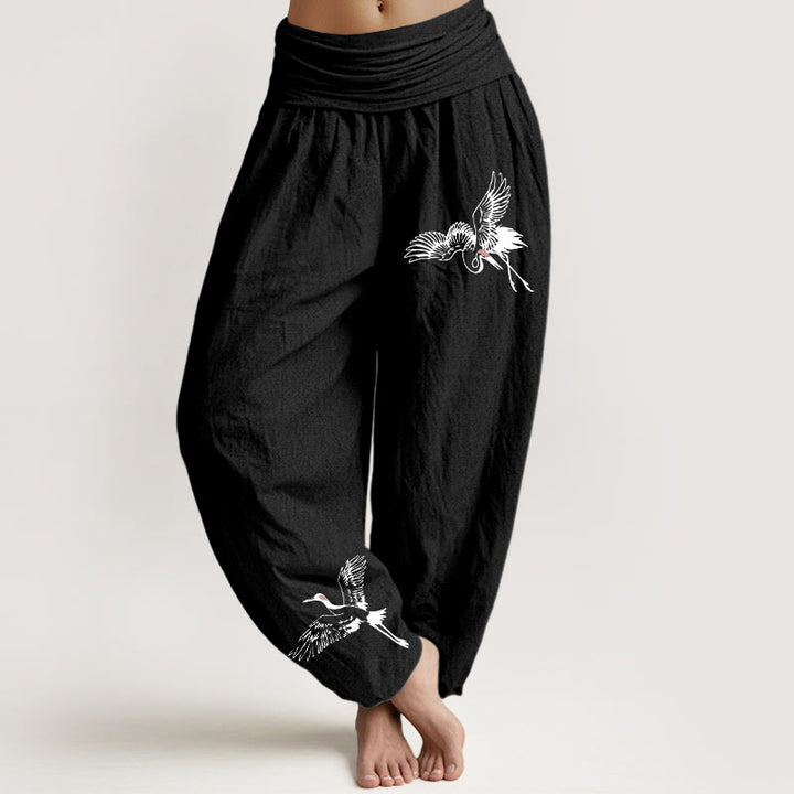 Pantalones harén de algodón con cintura elástica para mujer, con estampado de grullas de corona roja y Buddha Stones - Negro - US22，UK/AU26，EU54 (6XL) - image 0