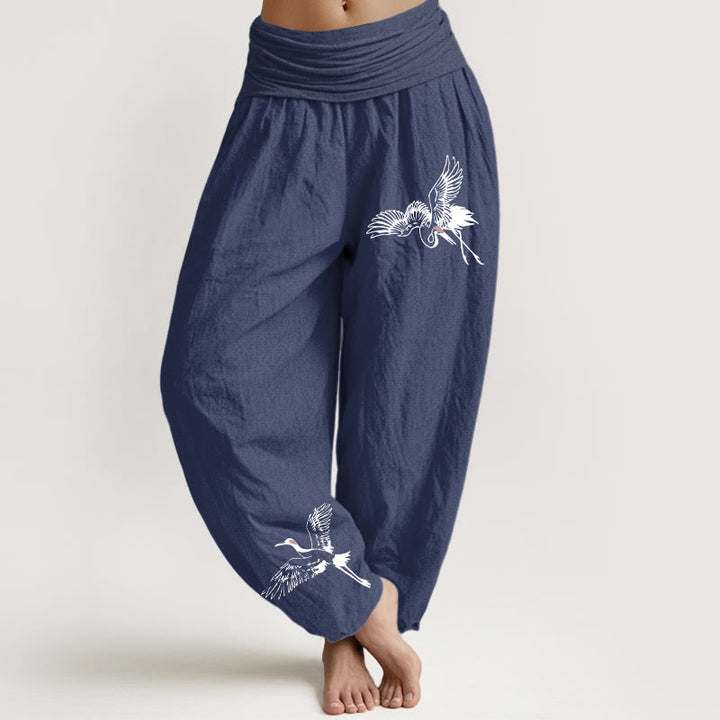 Pantalones harén de algodón con cintura elástica para mujer, con estampado de grullas de corona roja y Buddha Stones - Azul pizarra oscuro - US22，UK/AU26，EU54 (6XL) - image 5