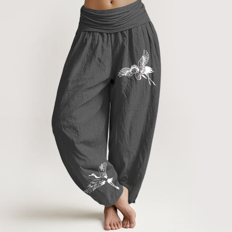 Pantalones harén de algodón con cintura elástica para mujer, con estampado de grullas de corona roja y Buddha Stones - Gris tenue - US22，UK/AU26，EU54 (6XL) - image 8