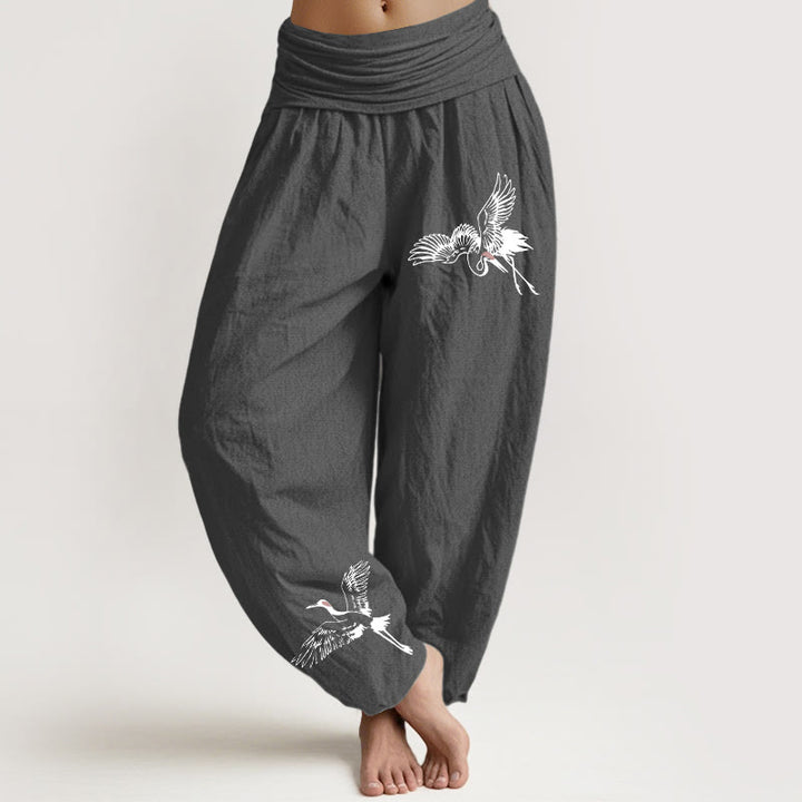 Pantalones harén de algodón con cintura elástica para mujer, con estampado de grullas de corona roja y Buddha Stones - Gris tenue - US22，UK/AU26，EU54 (6XL) - image 8
