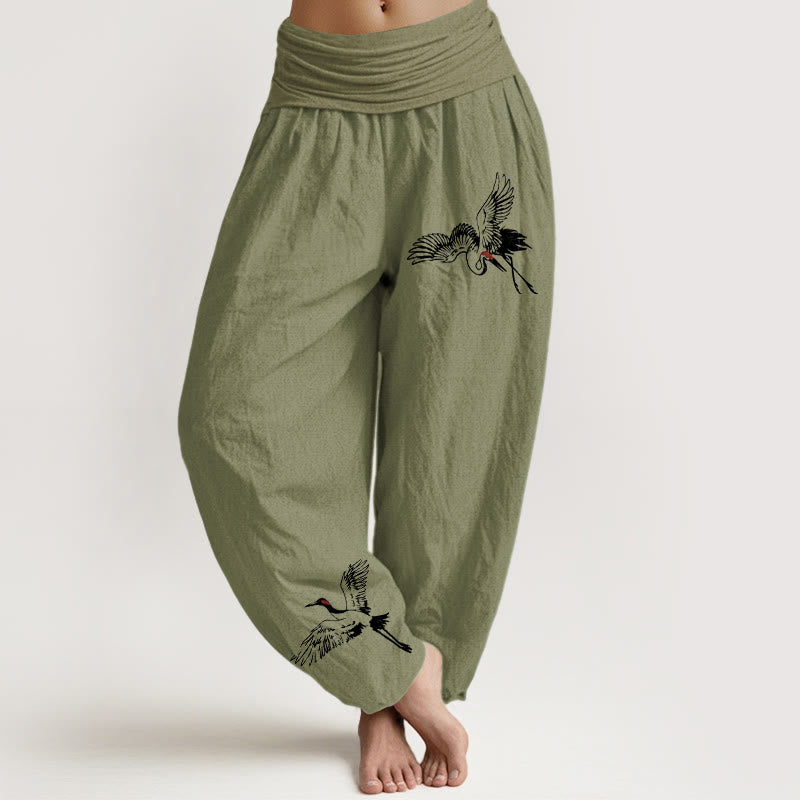 Pantalones harén de algodón con cintura elástica para mujer, con estampado de grullas de corona roja y Buddha Stones - Verde oliva - US22，UK/AU26，EU54 (6XL) - image 14