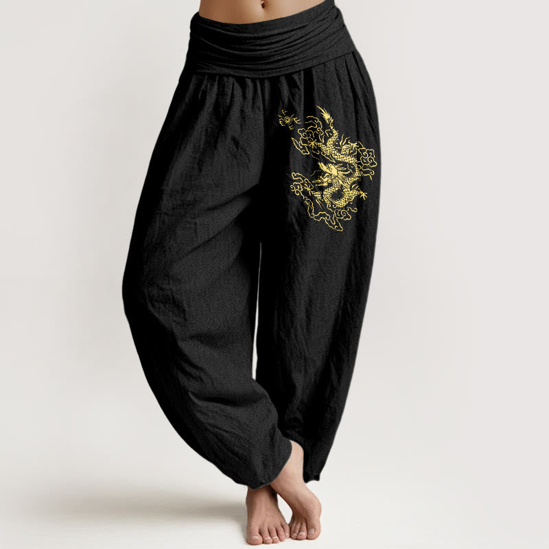 Pantalones harén de algodón con cintura elástica para mujer con estampado de dragón dorado y Buddha Stones - Negro - US22，UK/AU26，EU54 (6XL) - image 0