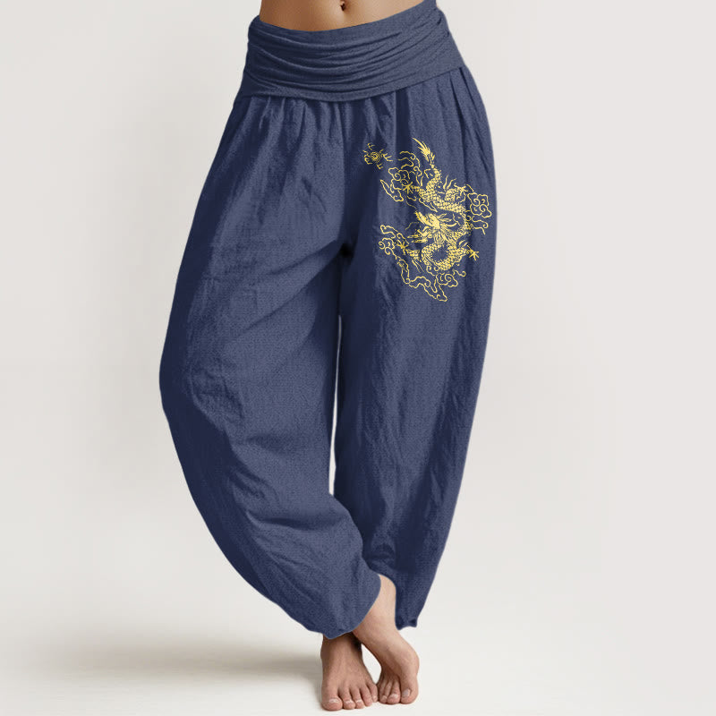 Pantalones harén de algodón con cintura elástica para mujer con estampado de dragón dorado y Buddha Stones - Azul pizarra oscuro - US22，UK/AU26，EU54 (6XL) - image 5