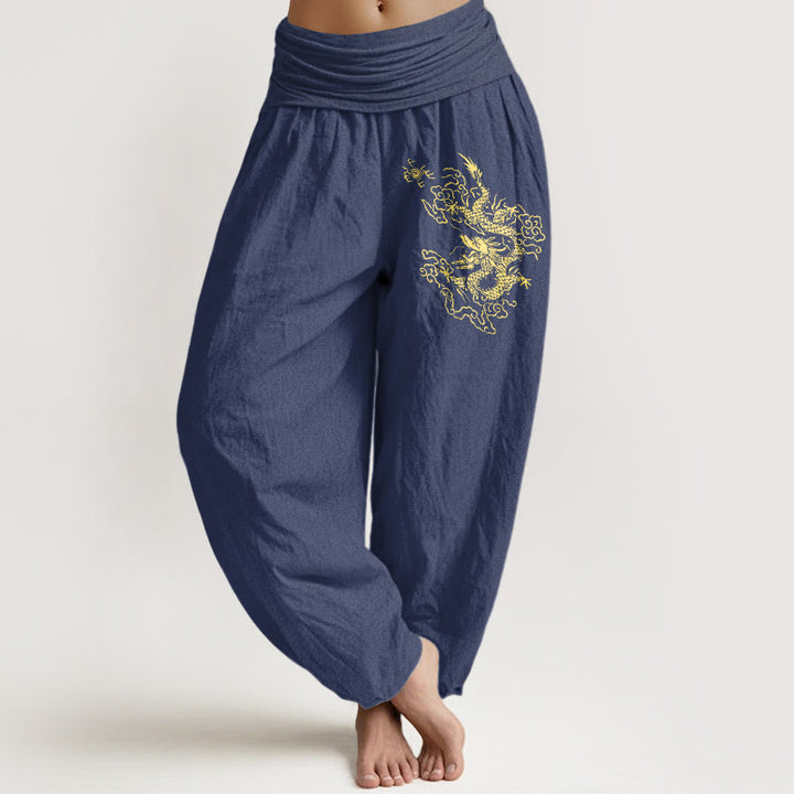 Pantalones harén de algodón con cintura elástica para mujer con estampado de dragón dorado y Buddha Stones - Azul pizarra oscuro - US22，UK/AU26，EU54 (6XL) - image 5