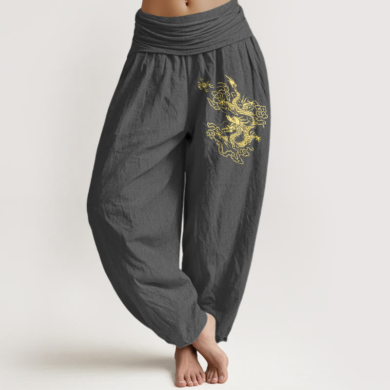 Pantalones harén de algodón con cintura elástica para mujer con estampado de dragón dorado y Buddha Stones - Gris oscuro - US22，UK/AU26，EU54 (6XL) - image 8