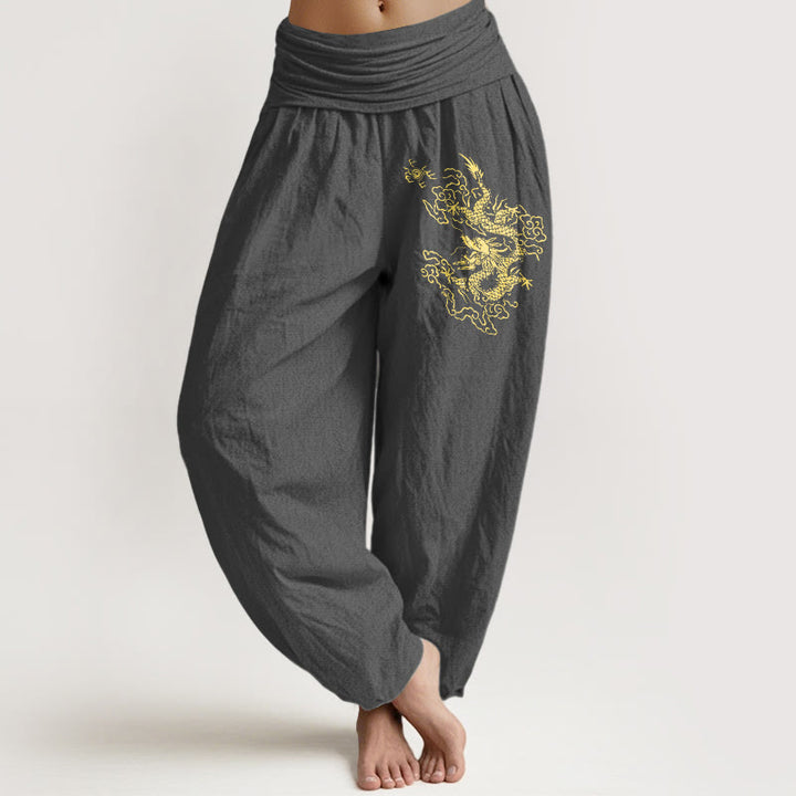 Pantalones harén de algodón con cintura elástica para mujer con estampado de dragón dorado y Buddha Stones - Gris oscuro - US22，UK/AU26，EU54 (6XL) - image 8