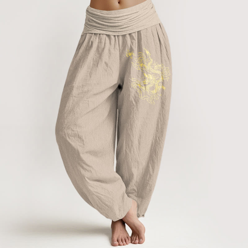 Pantalones harén de algodón con cintura elástica para mujer con estampado de dragón dorado y Buddha Stones - Broncearse - US22，UK/AU26，EU54 (6XL) - image 11