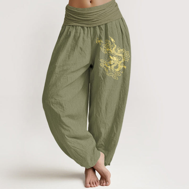 Pantalones harén de algodón con cintura elástica para mujer con estampado de dragón dorado y Buddha Stones - Verde oliva - US22，UK/AU26，EU54 (6XL) - image 14