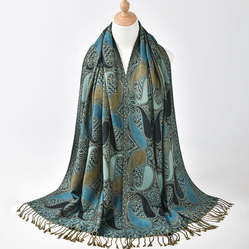 Bufanda chal acogedora con borlas y diseño geométrico de flores de anacardo otoñal con Buddha Stones - Cadete Azul - 175*70 cm - image 2