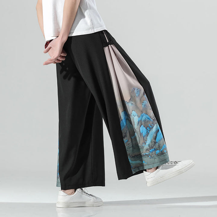 Buddha Stones Pantalones anchos para hombre con bolsillos y estampado de montañas y ríos - Negro - US/UK/AU46, EU56 (5XL) - image 0