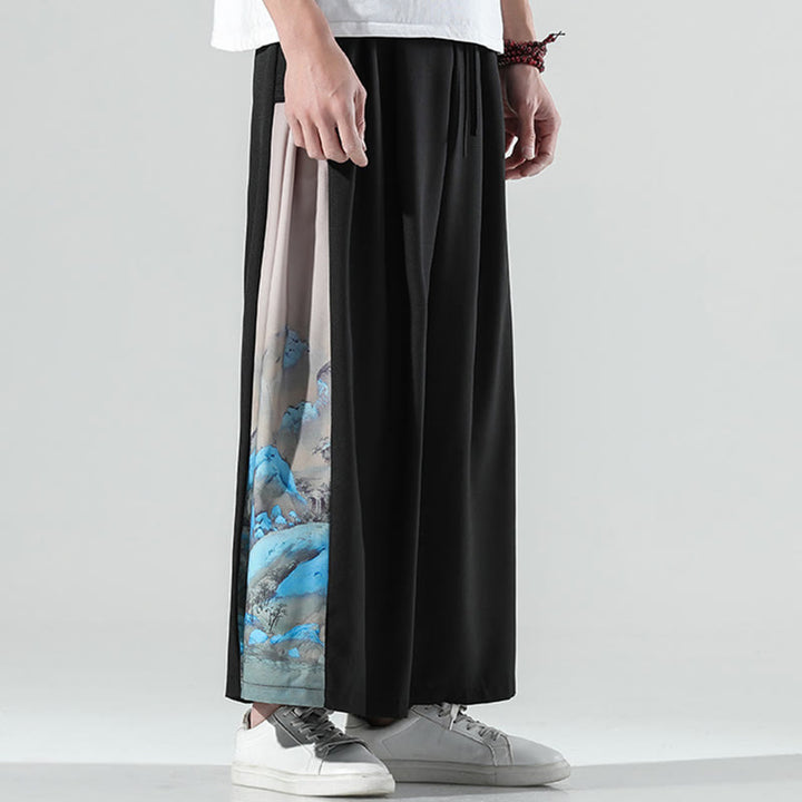 Buddha Stones Pantalones anchos para hombre con bolsillos y estampado de montañas y ríos - image 3