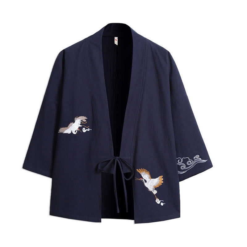Kimono para hombre con mangas tres cuartos, bordado de grulla blanca y nubes auspiciosas con Buddha Stones - Azul acero - US/UK/AU46, EU56 (5XL) - image 0